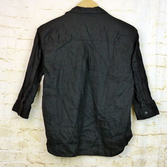 Uniqlo Shirt Womens XS Relaxed Black 100% Linen Skipper Collar Popover ¾ Sleeve - Picture 4 of 12